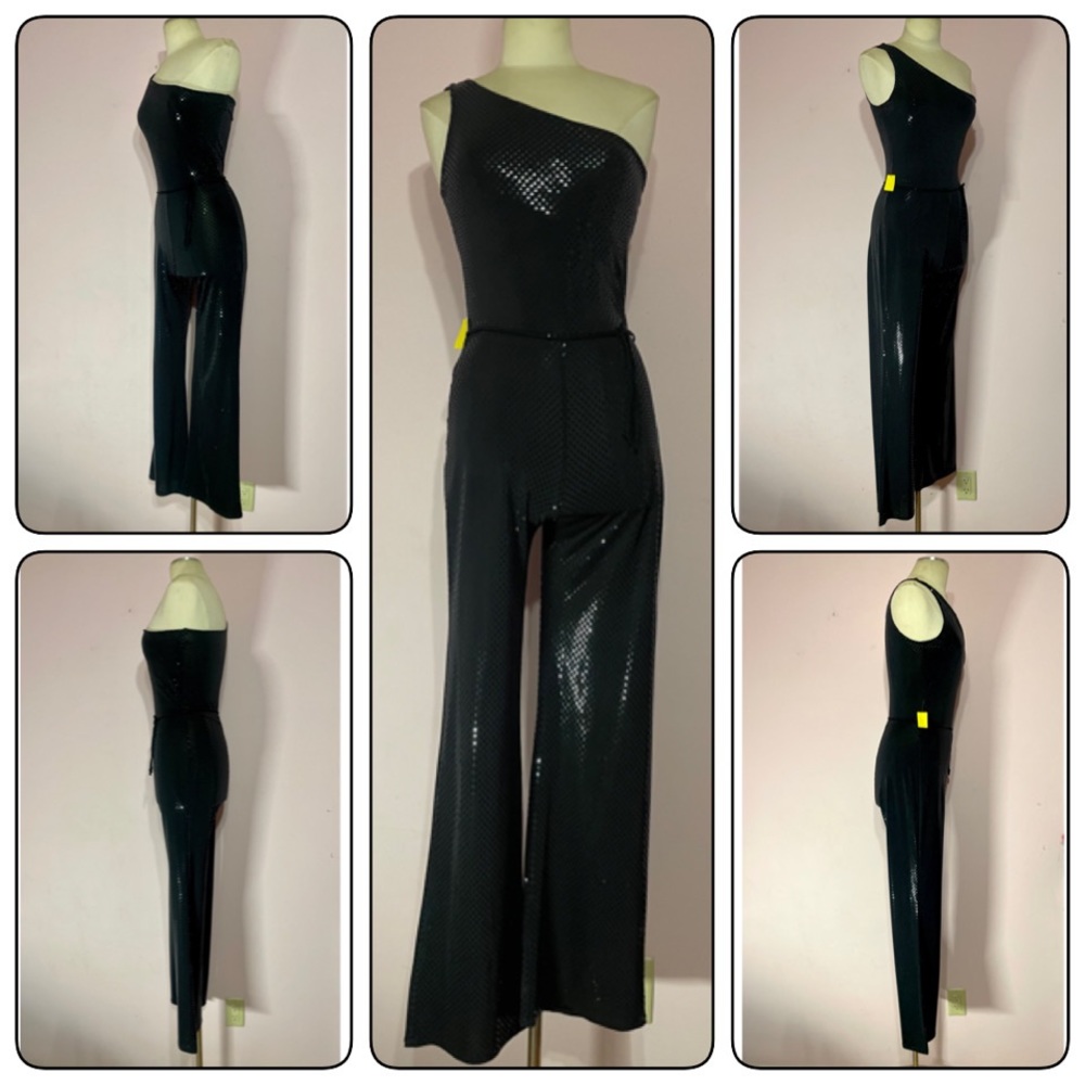 🩸👠💋VINTAGE 90’s LE CHATEAU BLACK PAETTE JUMPSUIT…Sz M🩸